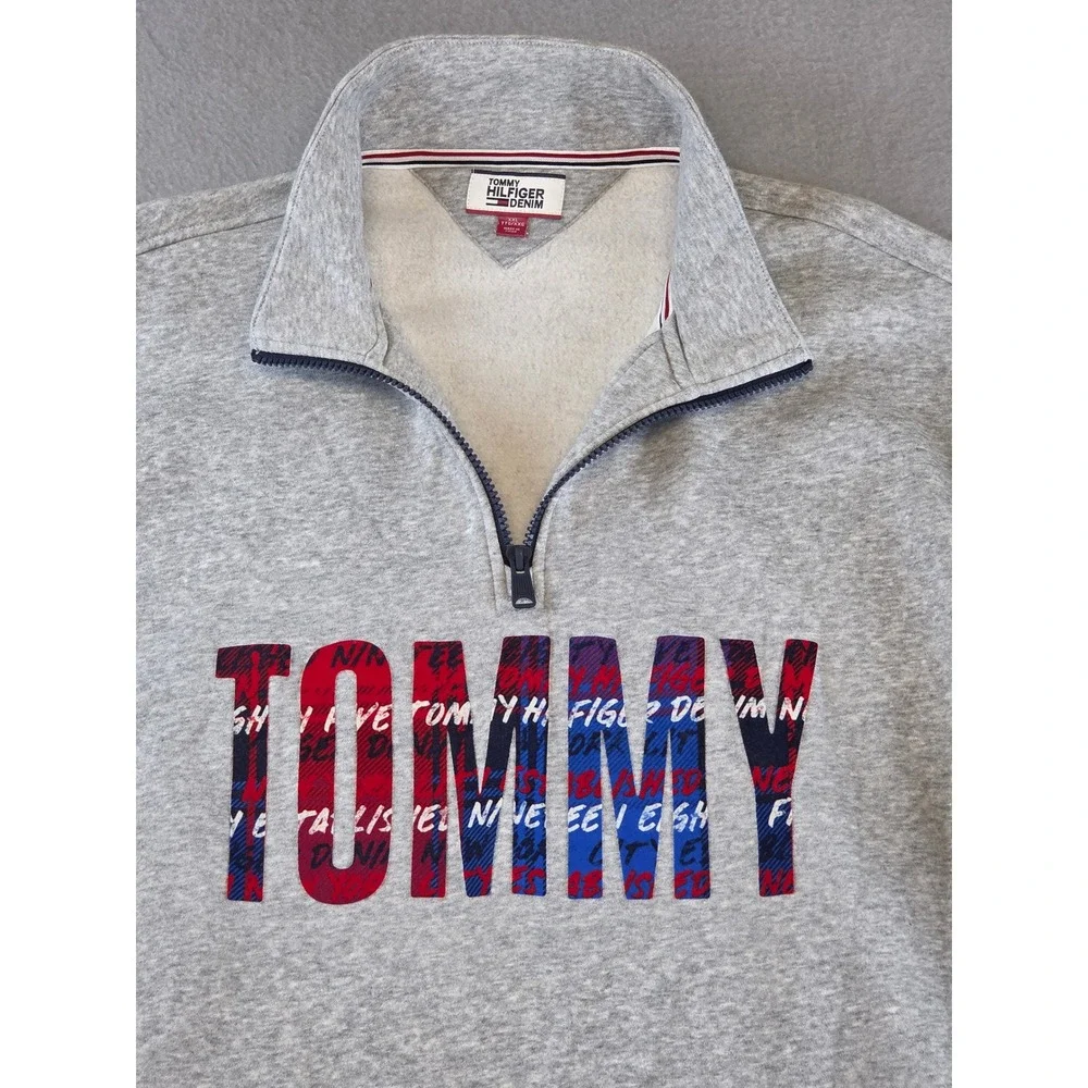 Tommy Hilfiger Mens XXL Quarter Zip Sweatshirt Gray Plaid Logo Spellout Pullover
